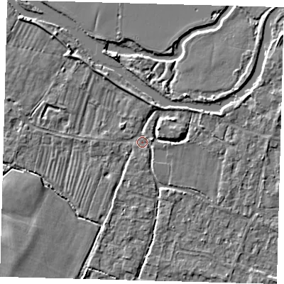 Shaded relief map of the ground around PE289BG, computed from Environment Agency LiDAR. The ground here sits at about 7 m above sea level and falls 4 m across the surrounding 800 m. Surface water reaching this point runs off ground lying to the north-east, 2.8 m higher.