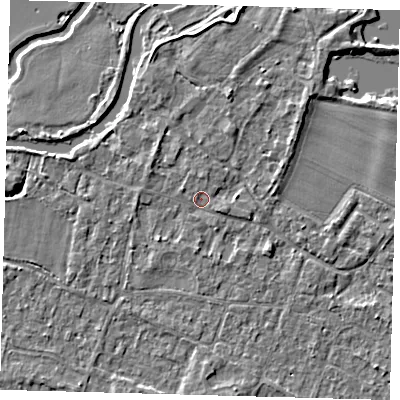 Shaded relief map of the ground around PE289BJ, computed from Environment Agency LiDAR. The ground here sits at about 7 m above sea level and falls 3 m across the surrounding 800 m. Surface water reaching this point runs off ground lying to the east-south-east, 1.2 m higher.