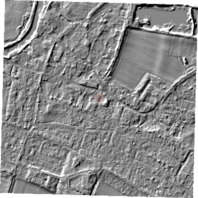 Shaded relief map of the ground around PE289BL, computed from Environment Agency LiDAR. The ground here sits at about 7 m above sea level and falls 3 m across the surrounding 800 m. Surface water reaching this point runs off ground lying to the west, 1.2 m higher.