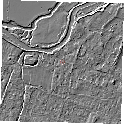 Shaded relief map of the ground around PE289BN, computed from Environment Agency LiDAR. The ground here sits at about 7 m above sea level and falls 4 m across the surrounding 800 m. Surface water reaching this point runs off ground lying to the north-east, 1.4 m higher.