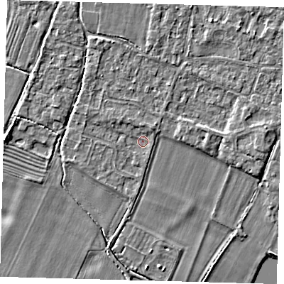 Shaded relief map of the ground around PE289BP, computed from Environment Agency LiDAR. The ground here sits at about 7 m above sea level and falls 3 m across the surrounding 800 m. Surface water reaching this point runs off ground lying to the west-north-west, 1.2 m higher.