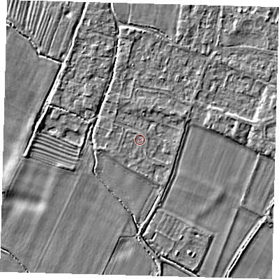 Shaded relief map of the ground around PE289BT, computed from Environment Agency LiDAR. The ground here sits at about 7 m above sea level and falls 3 m across the surrounding 800 m. The ground contributing surface water to this point lies to the north.