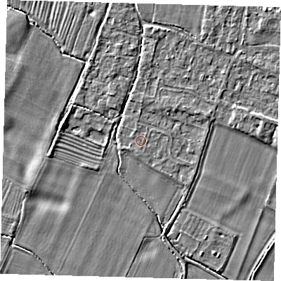 Shaded relief map of the ground around PE289BU, computed from Environment Agency LiDAR. The ground here sits at about 7 m above sea level and falls 3 m across the surrounding 800 m. Surface water reaching this point runs off ground lying to the north, 0.7 m higher.