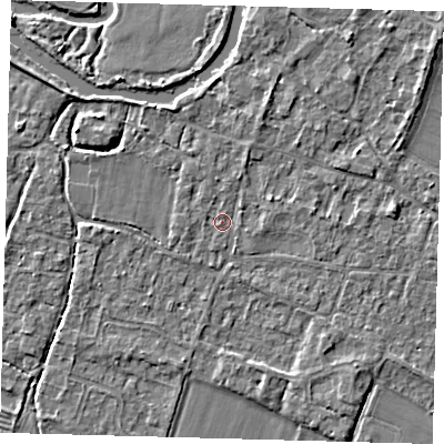Shaded relief map of the ground around PE289BW, computed from Environment Agency LiDAR. The ground here sits at about 7 m above sea level and falls 4 m across the surrounding 800 m. Surface water reaching this point runs off ground lying to the north-north-east, 1.7 m higher.