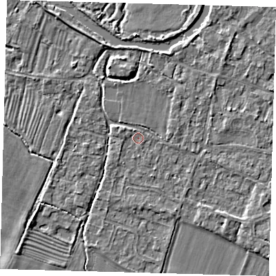 Shaded relief map of the ground around PE289BX, computed from Environment Agency LiDAR. The ground here sits at about 7 m above sea level and falls 3 m across the surrounding 800 m. The ground contributing surface water to this point lies to the north.
