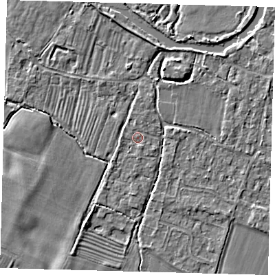 Shaded relief map of the ground around PE289BZ, computed from Environment Agency LiDAR. The ground here sits at about 7 m above sea level and falls 3 m across the surrounding 800 m. The ground contributing surface water to this point lies to the north-north-east.