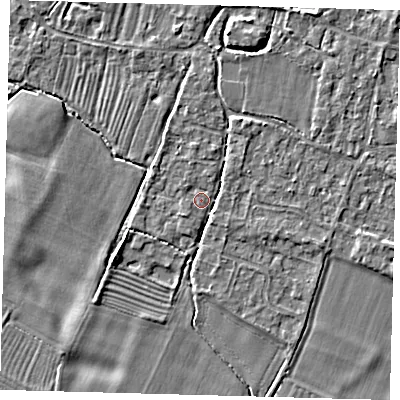 Shaded relief map of the ground around PE289DA, computed from Environment Agency LiDAR. The ground here sits at about 7 m above sea level and falls 3 m across the surrounding 800 m. Surface water reaching this point runs off ground lying to the north, 3.2 m higher.