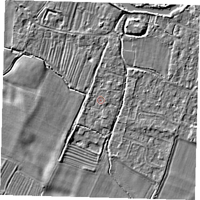 Shaded relief map of the ground around PE289DB, computed from Environment Agency LiDAR. The ground here sits at about 7 m above sea level and falls 3 m across the surrounding 800 m. Surface water reaching this point runs off ground lying to the north-north-east, 1.0 m higher.