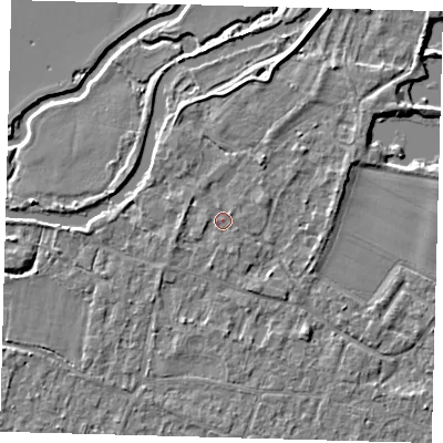 Shaded relief map of the ground around PE289DF, computed from Environment Agency LiDAR. The ground here sits at about 8 m above sea level and falls 3 m across the surrounding 800 m. Surface water reaching this point runs off ground lying to the north-north-east, 1.7 m higher.
