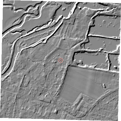 Shaded relief map of the ground around PE289DJ, computed from Environment Agency LiDAR. The ground here sits at about 8 m above sea level and falls 4 m across the surrounding 800 m. Surface water reaching this point runs off ground lying to the west-south-west, 1.4 m higher.