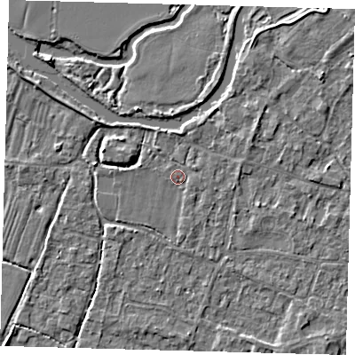 Shaded relief map of the ground around PE289DL, computed from Environment Agency LiDAR. The ground here sits at about 7 m above sea level and falls 4 m across the surrounding 800 m. Surface water reaching this point runs off ground lying to the east-north-east, 1.5 m higher.