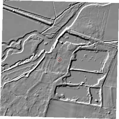 Shaded relief map of the ground around PE289DN, computed from Environment Agency LiDAR. The ground here sits at about 7 m above sea level and falls 5 m across the surrounding 800 m. Surface water reaching this point runs off ground lying to the south, 2.9 m higher.