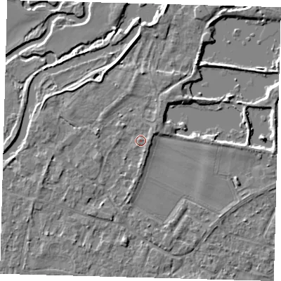 Shaded relief map of the ground around PE289DQ, computed from Environment Agency LiDAR. The ground here sits at about 8 m above sea level and falls 4 m across the surrounding 800 m. Surface water reaching this point runs off ground lying to the west, 1.4 m higher.