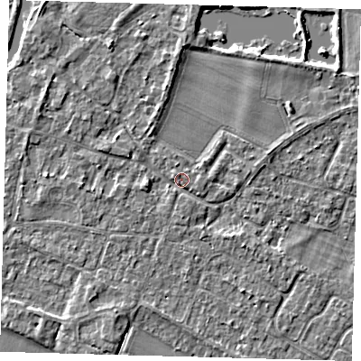 Shaded relief map of the ground around PE289DR, computed from Environment Agency LiDAR. The ground here sits at about 7 m above sea level and falls 3 m across the surrounding 800 m. Surface water reaching this point runs off ground lying to the north-north-west, 2.2 m higher.
