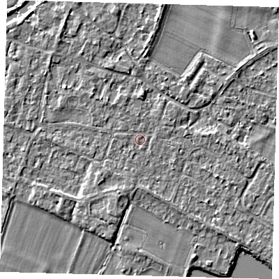 Shaded relief map of the ground around PE289DS, computed from Environment Agency LiDAR. The ground here sits at about 7 m above sea level and falls 3 m across the surrounding 800 m. Surface water reaching this point runs off ground lying to the north, 0.6 m higher.