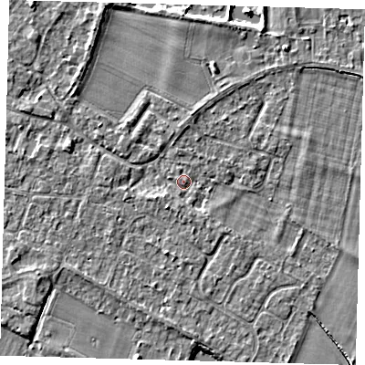 Shaded relief map of the ground around PE289DT, computed from Environment Agency LiDAR. The ground here sits at about 7 m above sea level and falls 4 m across the surrounding 800 m. Surface water reaching this point runs off ground lying to the north-east, 2.6 m higher.