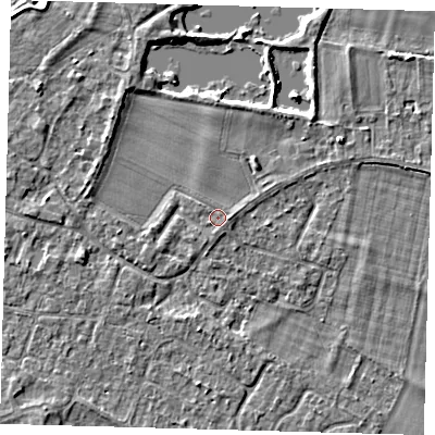 Shaded relief map of the ground around PE289DU, computed from Environment Agency LiDAR. The ground here sits at about 7 m above sea level and falls 3 m across the surrounding 800 m. Surface water reaching this point runs off ground lying to the east-north-east, 0.9 m higher.