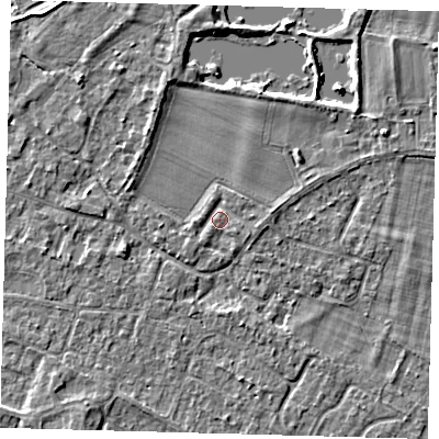 Shaded relief map of the ground around PE289DW, computed from Environment Agency LiDAR. The ground here sits at about 7 m above sea level and falls 3 m across the surrounding 800 m. Surface water reaching this point runs off ground lying to the east, 1.0 m higher.