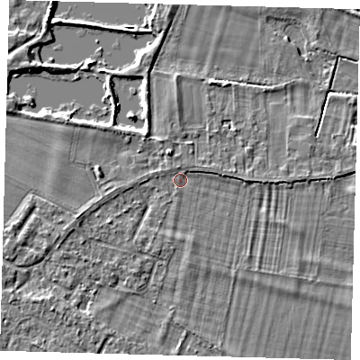 Shaded relief map of the ground around PE289DX, computed from Environment Agency LiDAR. The ground here sits at about 7 m above sea level and falls 4 m across the surrounding 800 m. Surface water reaching this point runs off ground lying to the north-north-west, 1.3 m higher.