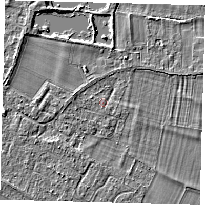 Shaded relief map of the ground around PE289DY, computed from Environment Agency LiDAR. The ground here sits at about 7 m above sea level and falls 3 m across the surrounding 800 m. Surface water reaching this point runs off ground lying to the east-south-east, 0.8 m higher.