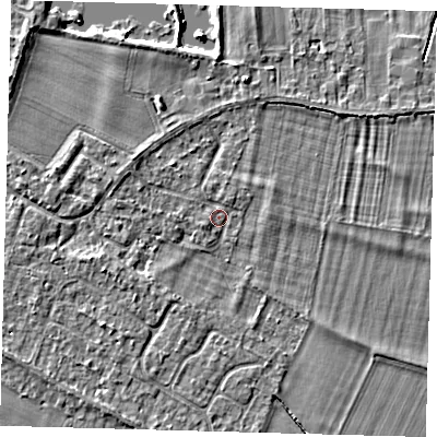 Shaded relief map of the ground around PE289DZ, computed from Environment Agency LiDAR. The ground here sits at about 7 m above sea level and falls 3 m across the surrounding 800 m. Surface water reaching this point runs off ground lying to the north-north-east, 1.1 m higher.