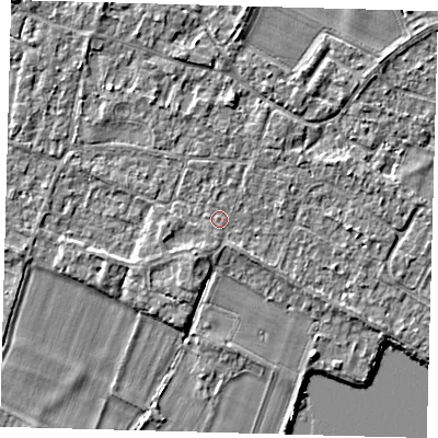 Shaded relief map of the ground around PE289EF, computed from Environment Agency LiDAR. The ground here sits at about 7 m above sea level and falls 3 m across the surrounding 800 m. The ground contributing surface water to this point lies to the south.