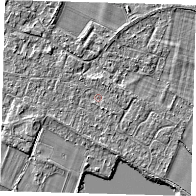 Shaded relief map of the ground around PE289EH, computed from Environment Agency LiDAR. The ground here sits at about 7 m above sea level and falls 3 m across the surrounding 800 m. Surface water reaching this point runs off ground lying to the south-south-east, 1.2 m higher.