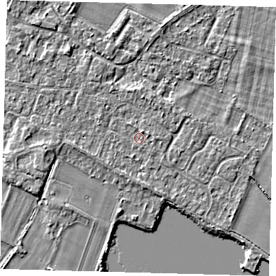 Shaded relief map of the ground around PE289EJ, computed from Environment Agency LiDAR. The ground here sits at about 7 m above sea level and falls 3 m across the surrounding 800 m. Surface water reaching this point runs off ground lying to the north, 1.8 m higher.