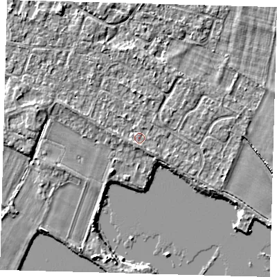 Shaded relief map of the ground around PE289EN, computed from Environment Agency LiDAR. The ground here sits at about 7 m above sea level and falls 3 m across the surrounding 800 m. Surface water reaching this point runs off ground lying to the south, 0.8 m higher.