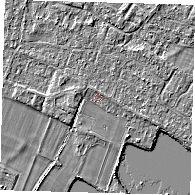 Shaded relief map of the ground around PE289EQ, computed from Environment Agency LiDAR. The ground here sits at about 7 m above sea level and falls 3 m across the surrounding 800 m. Surface water reaching this point runs off ground lying to the east-north-east, 1.2 m higher.
