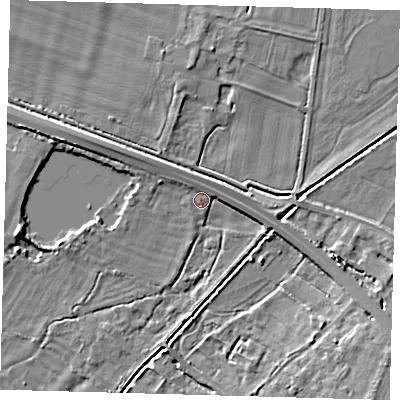 Shaded relief map of the ground around PE289HS, computed from Environment Agency LiDAR. The ground here sits at about 7 m above sea level and falls 7 m across the surrounding 800 m. Surface water reaching this point runs off ground lying to the south-east, 6.1 m higher.