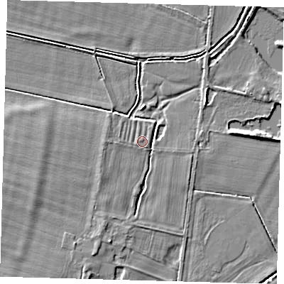 Shaded relief map of the ground around PE289HU, computed from Environment Agency LiDAR. The ground here sits at about 7 m above sea level and falls 5 m across the surrounding 800 m. Surface water reaching this point runs off ground lying to the north, 0.6 m higher.