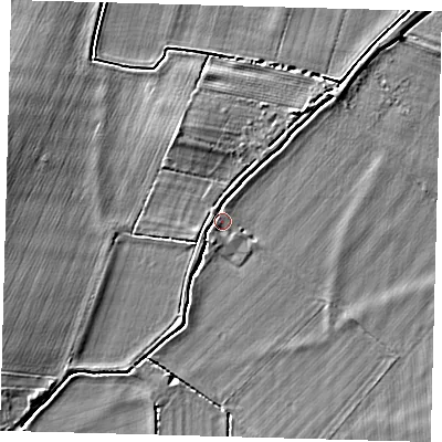 Shaded relief map of the ground around PE289JA, computed from Environment Agency LiDAR. The ground here sits at about 9 m above sea level and falls 5 m across the surrounding 800 m. Surface water reaching this point runs off ground lying to the south-south-west, 0.9 m higher.