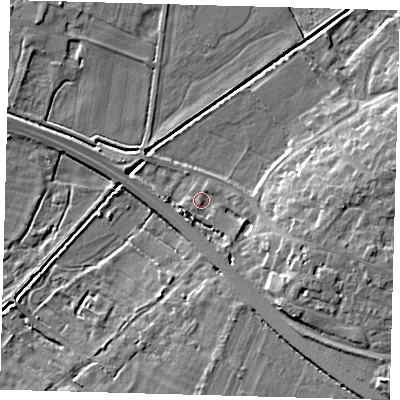 Shaded relief map of the ground around PE289JG, computed from Environment Agency LiDAR. The ground here sits at about 7 m above sea level and falls 10 m across the surrounding 800 m. Surface water reaching this point runs off ground lying to the south-east, 1.9 m higher.