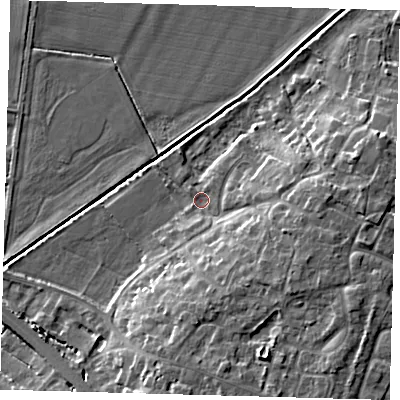 Shaded relief map of the ground around PE289JH, computed from Environment Agency LiDAR. The ground here sits at about 6 m above sea level and falls 10 m across the surrounding 800 m. Surface water reaching this point runs off ground lying to the east-south-east, 6.8 m higher.