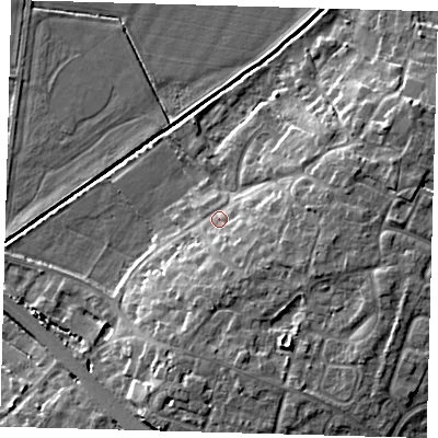 Shaded relief map of the ground around PE289JQ, computed from Environment Agency LiDAR. The ground here sits at about 8 m above sea level and falls 9 m across the surrounding 800 m. Surface water reaching this point runs off ground lying to the south-east, 5.0 m higher.