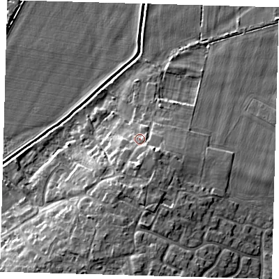 Shaded relief map of the ground around PE289JT, computed from Environment Agency LiDAR. The ground here sits at about 10 m above sea level and falls 9 m across the surrounding 800 m. Surface water reaching this point runs off ground lying to the south, 3.5 m higher.