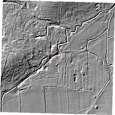 Shaded relief map of the ground around PE289NB, computed from Environment Agency LiDAR. The ground here sits at about 12 m above sea level and falls 8 m across the surrounding 800 m. Surface water reaching this point runs off ground lying to the south-south-east, 3.3 m higher.