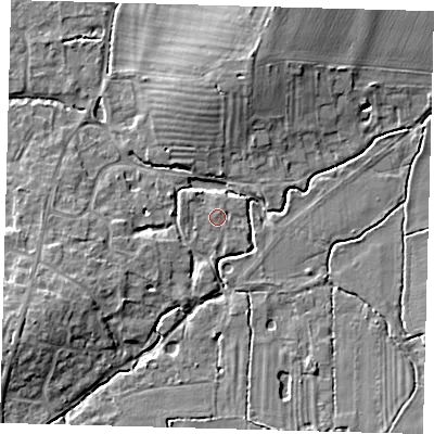 Shaded relief map of the ground around PE289ND, computed from Environment Agency LiDAR. The ground here sits at about 12 m above sea level and falls 8 m across the surrounding 800 m. Surface water reaching this point runs off ground lying to the west, 0.9 m higher.
