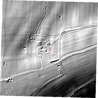 Shaded relief map of the ground around PE289PJ, computed from Environment Agency LiDAR. The ground here sits at about 36 m above sea level and falls 27 m across the surrounding 800 m. Surface water reaching this point runs off ground lying to the south-south-west, 9.5 m higher.