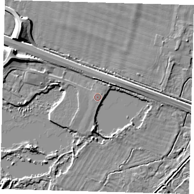 Shaded relief map of the ground around PE289QR, computed from Environment Agency LiDAR. The ground here sits at about 8 m above sea level and falls 10 m across the surrounding 800 m. The ground contributing surface water to this point lies to the west.