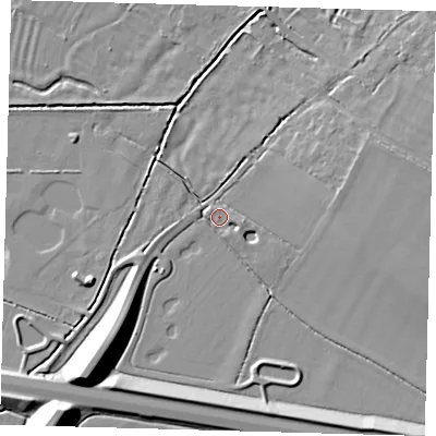 Shaded relief map of the ground around PE289QX, computed from Environment Agency LiDAR. The ground here sits at about 7 m above sea level and falls 13 m across the surrounding 800 m. Surface water reaching this point runs off ground lying to the south-west, 12.2 m higher.
