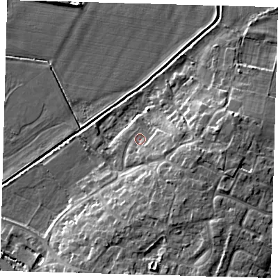 Shaded relief map of the ground around PE289QZ, computed from Environment Agency LiDAR. The ground here sits at about 7 m above sea level and falls 10 m across the surrounding 800 m. Surface water reaching this point runs off ground lying to the east-south-east, 3.9 m higher.
