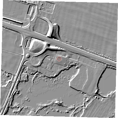 Shaded relief map of the ground around PE289RB, computed from Environment Agency LiDAR. The ground here sits at about 9 m above sea level and falls 10 m across the surrounding 800 m. Surface water reaching this point runs off ground lying to the north-east, 0.8 m higher.