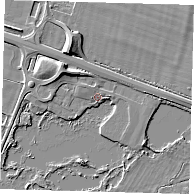 Shaded relief map of the ground around PE289RF, computed from Environment Agency LiDAR. The ground here sits at about 8 m above sea level and falls 10 m across the surrounding 800 m. Surface water reaching this point runs off ground lying to the north-west, 1.7 m higher.