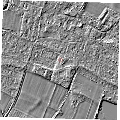 Shaded relief map of the ground around PE289WH, computed from Environment Agency LiDAR. The ground here sits at about 7 m above sea level and falls 3 m across the surrounding 800 m. Surface water reaching this point runs off ground lying to the east-south-east, 1.4 m higher.