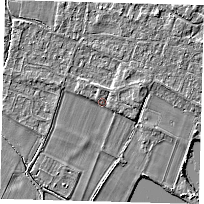 Shaded relief map of the ground around PE289WN, computed from Environment Agency LiDAR. The ground here sits at about 7 m above sea level and falls 3 m across the surrounding 800 m. Surface water reaching this point runs off ground lying to the east-north-east, 2.0 m higher.