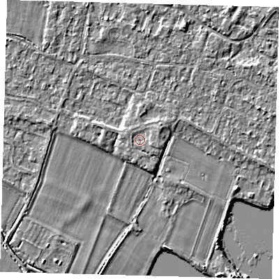 Shaded relief map of the ground around PE289WP, computed from Environment Agency LiDAR. The ground here sits at about 7 m above sea level and falls 3 m across the surrounding 800 m. Surface water reaching this point runs off ground lying to the east-north-east, 1.0 m higher.