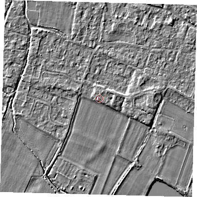 Shaded relief map of the ground around PE289WW, computed from Environment Agency LiDAR. The ground here sits at about 7 m above sea level and falls 3 m across the surrounding 800 m. Surface water reaching this point runs off ground lying to the east, 1.3 m higher.