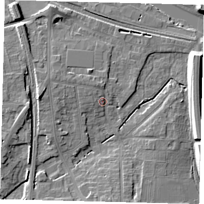 Shaded relief map of the ground around PE28BG, computed from Environment Agency LiDAR. The ground here sits at about 7 m above sea level and falls 10 m across the surrounding 800 m. Surface water reaching this point runs off ground lying to the north-north-west, 3.2 m higher.